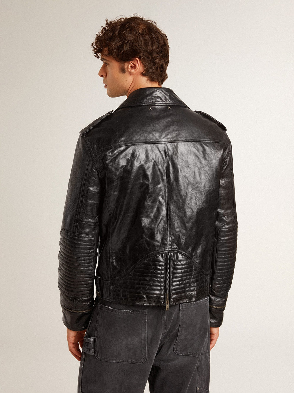Golden Goose Men’s black leather biker jacket with glossy effect