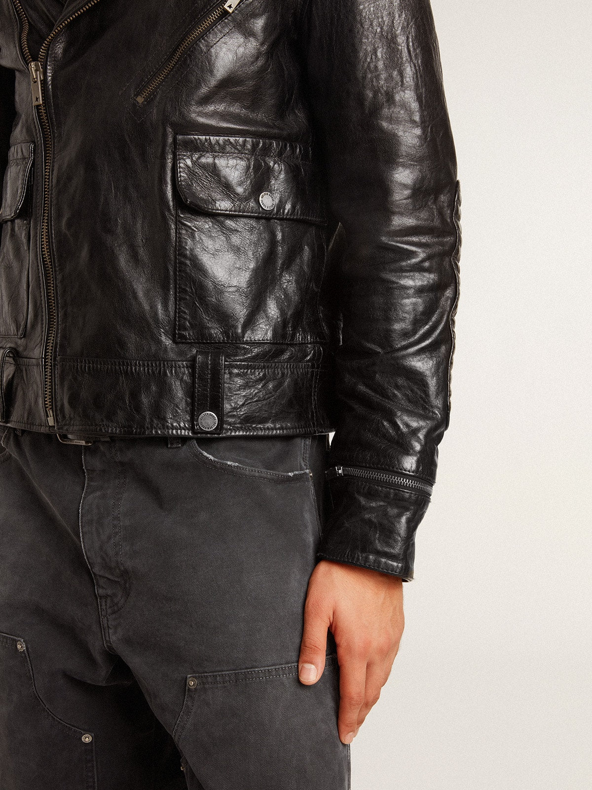 Golden Goose Men’s black leather biker jacket with glossy effect
