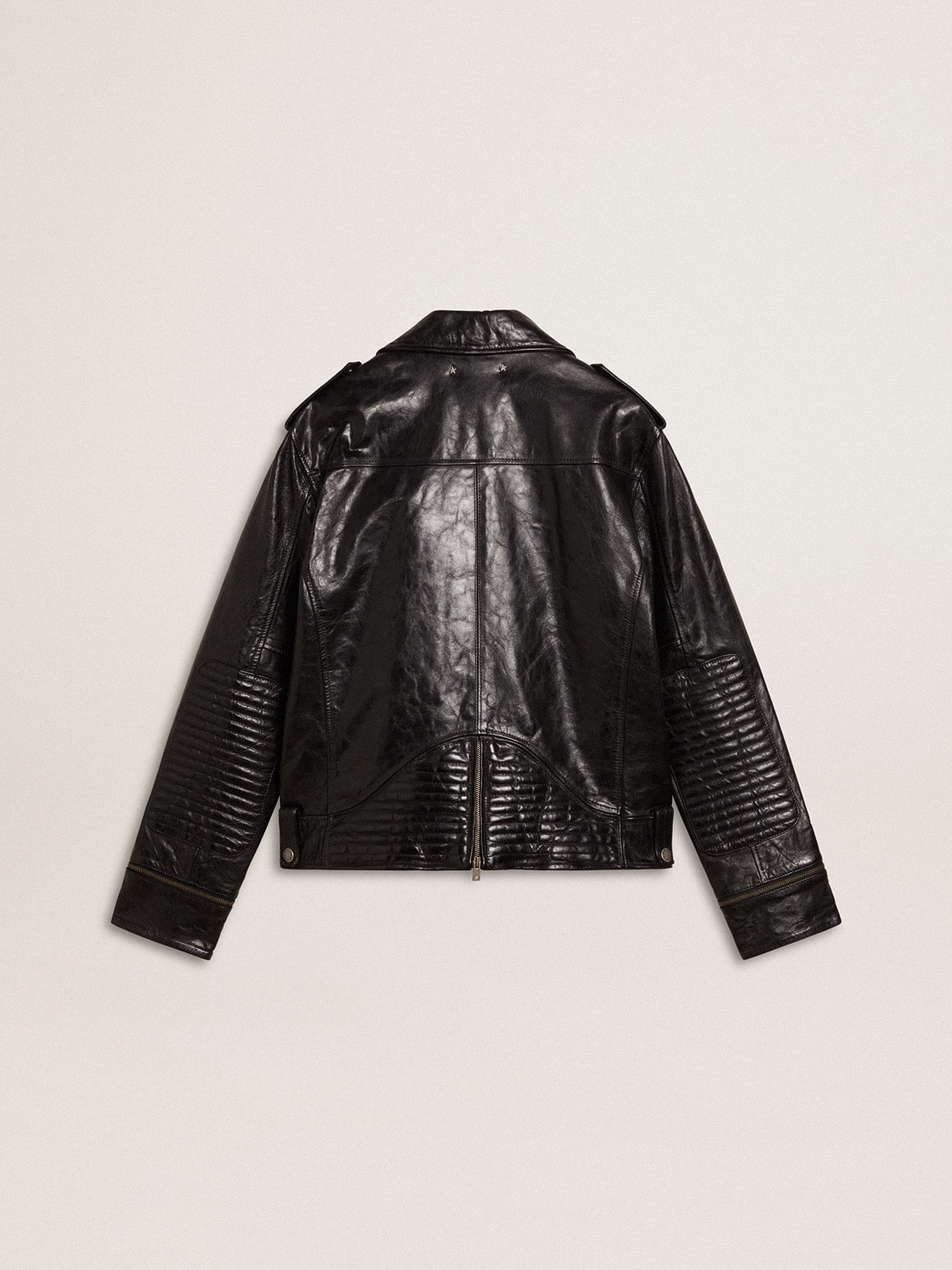 Golden Goose Men’s black leather biker jacket with glossy effect