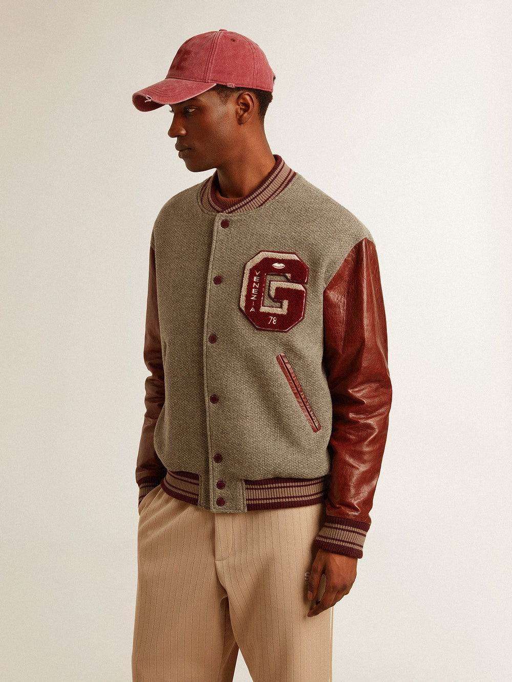 Golden Goose Bomber jacket in gray melange wool with leather sleeves