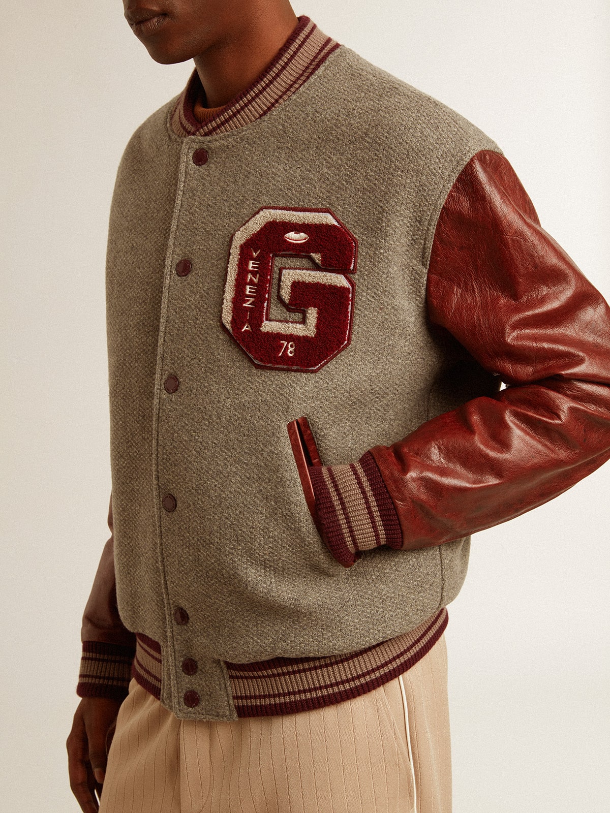 Golden Goose Bomber jacket in gray melange wool with leather sleeves