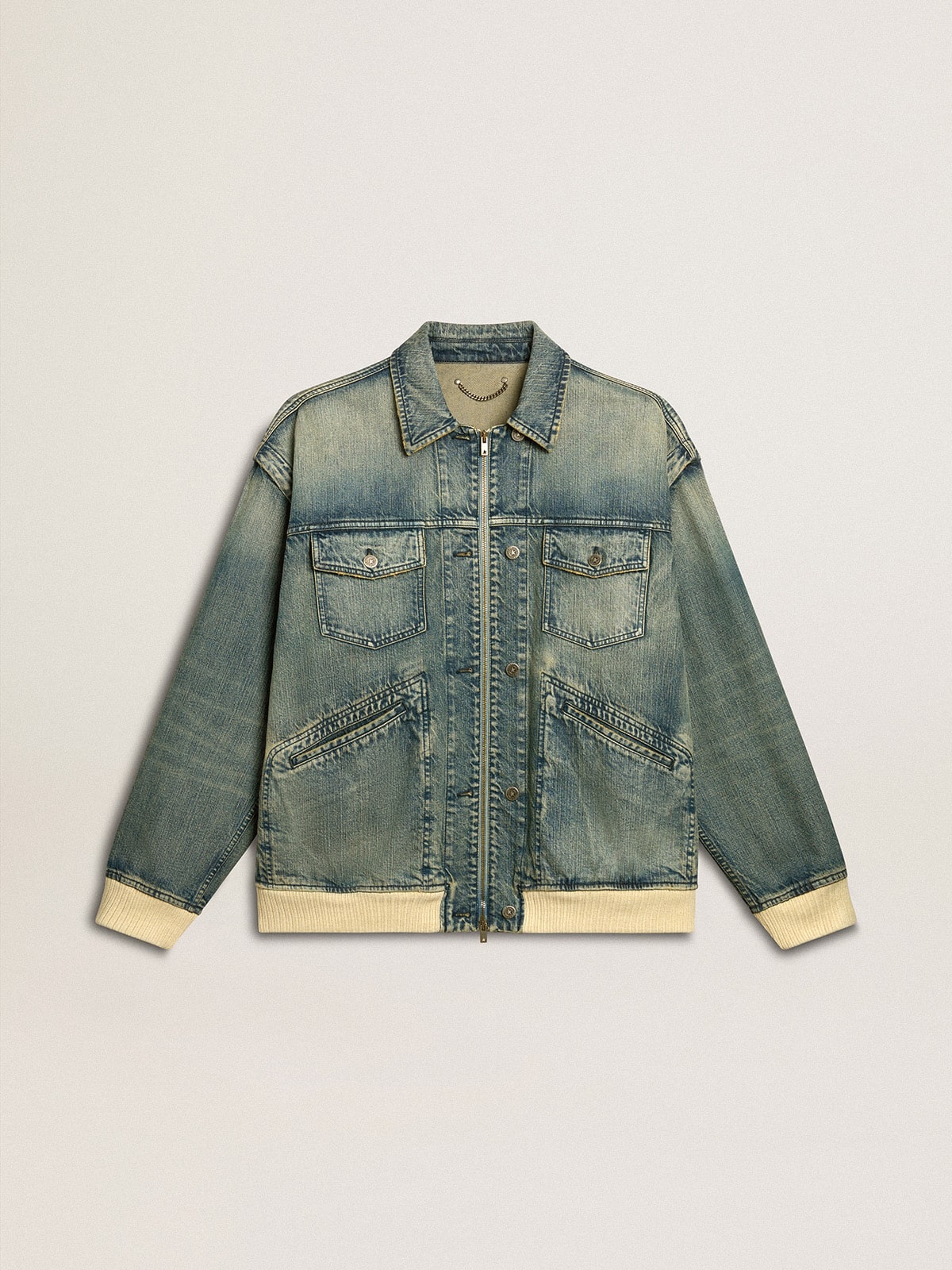 Golden Goose Men's washed denim jacket with wool blend ribbing