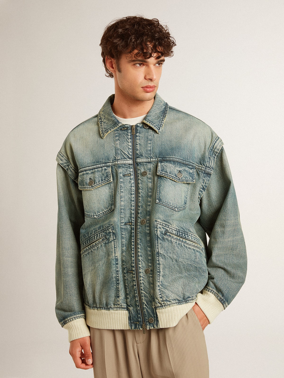 Golden Goose Men's washed denim jacket with wool blend ribbing