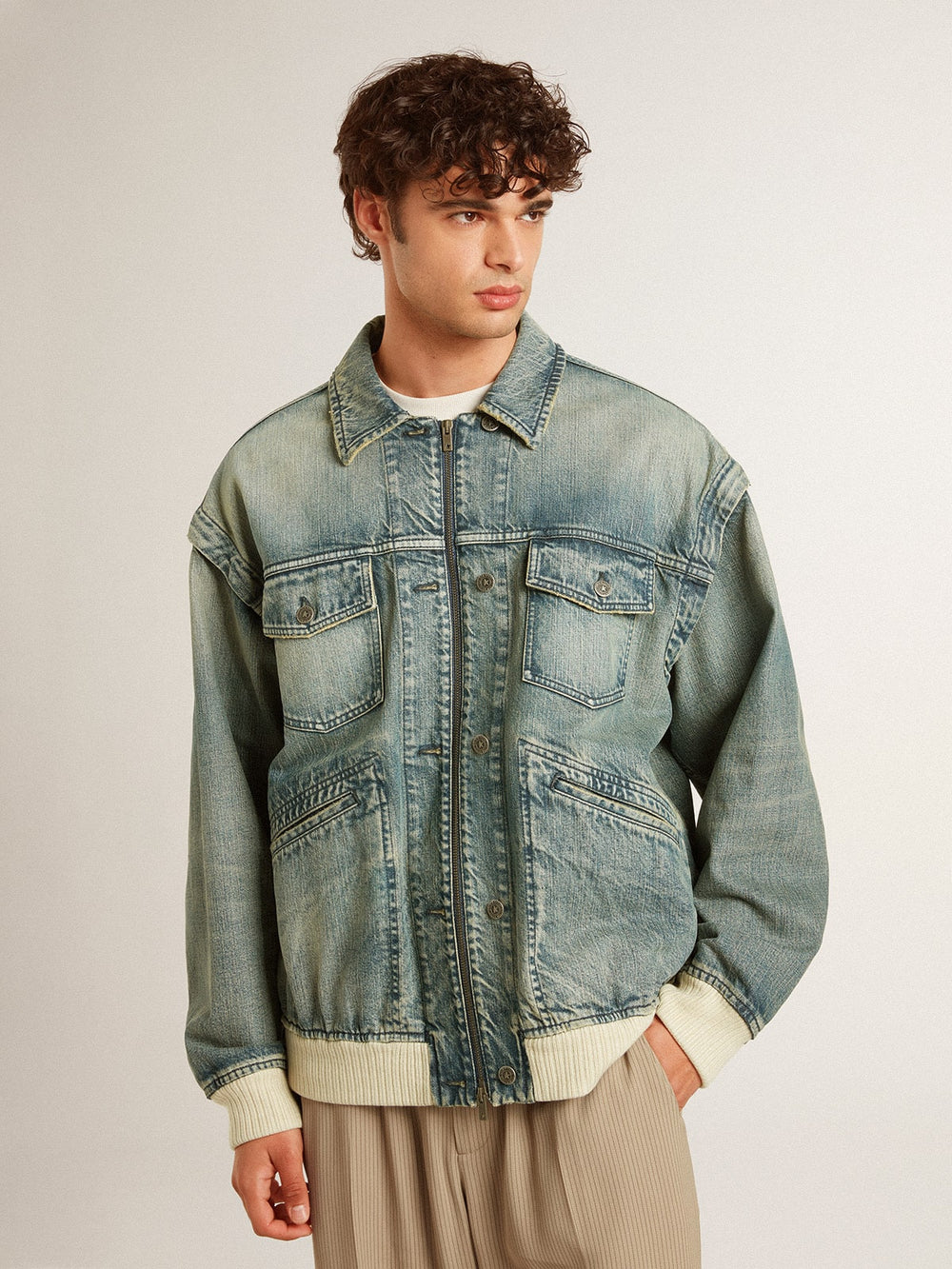 Golden Goose Men's washed denim jacket with wool blend ribbing