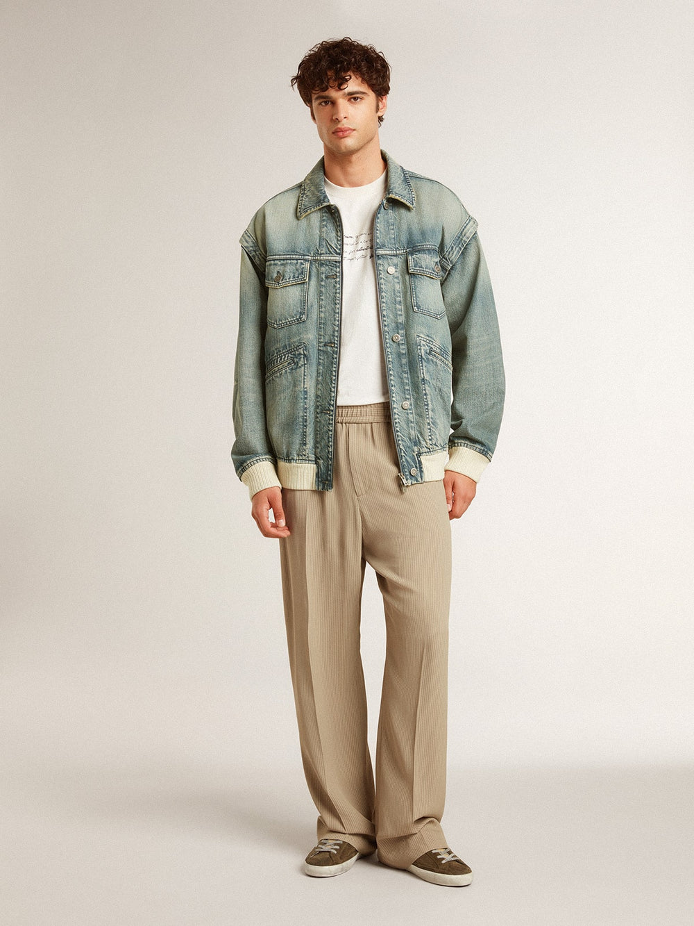 Golden Goose Men's washed denim jacket with wool blend ribbing