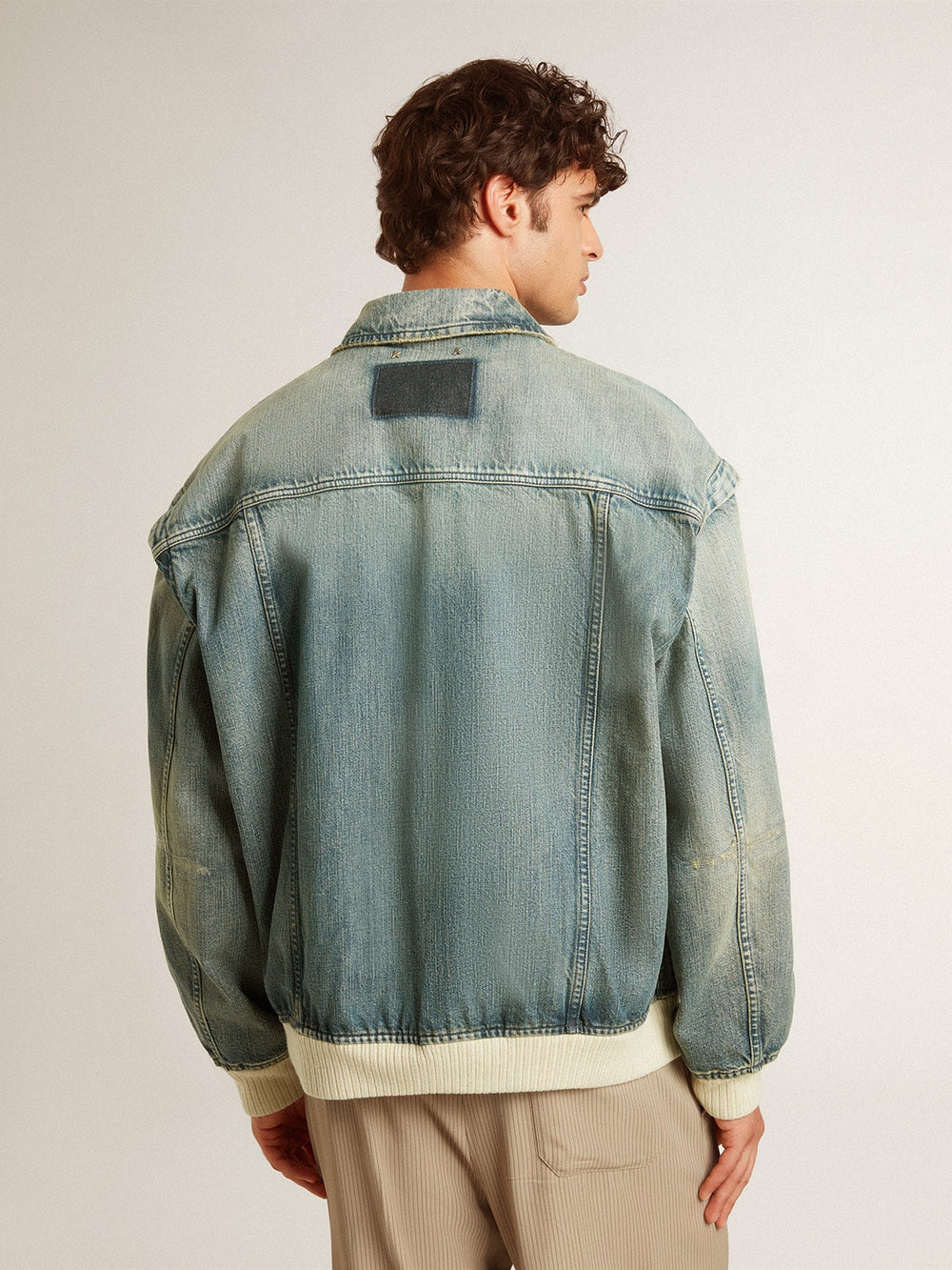 Golden Goose Men's washed denim jacket with wool blend ribbing