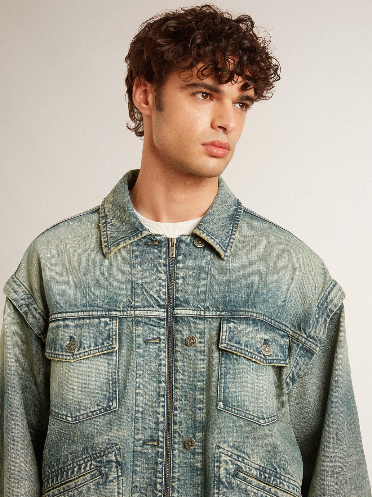 Golden Goose Men's washed denim jacket with wool blend ribbing