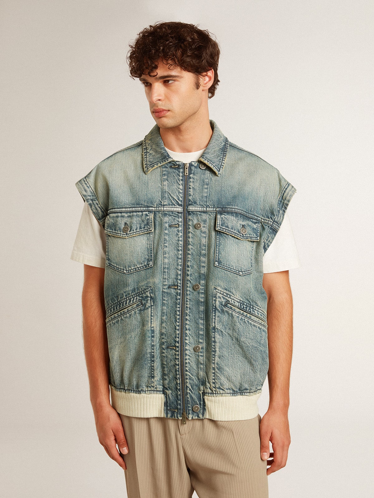 Golden Goose Men's washed denim jacket with wool blend ribbing