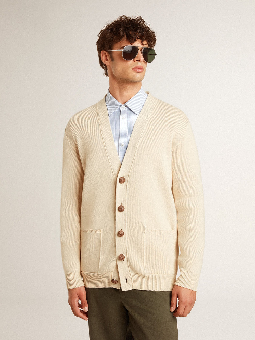 Golden Goose Men’s beige cardigan with 'Golden' lettering on the back