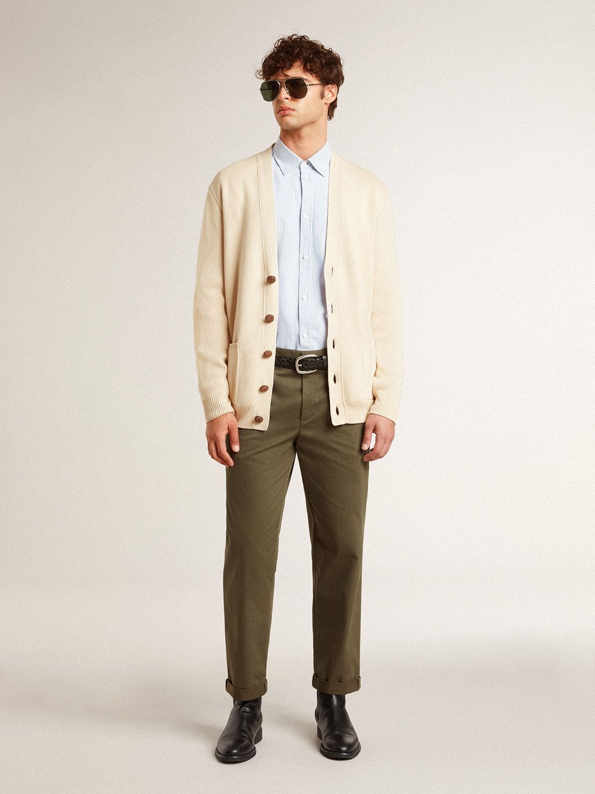 Golden Goose Men’s beige cardigan with 'Golden' lettering on the back