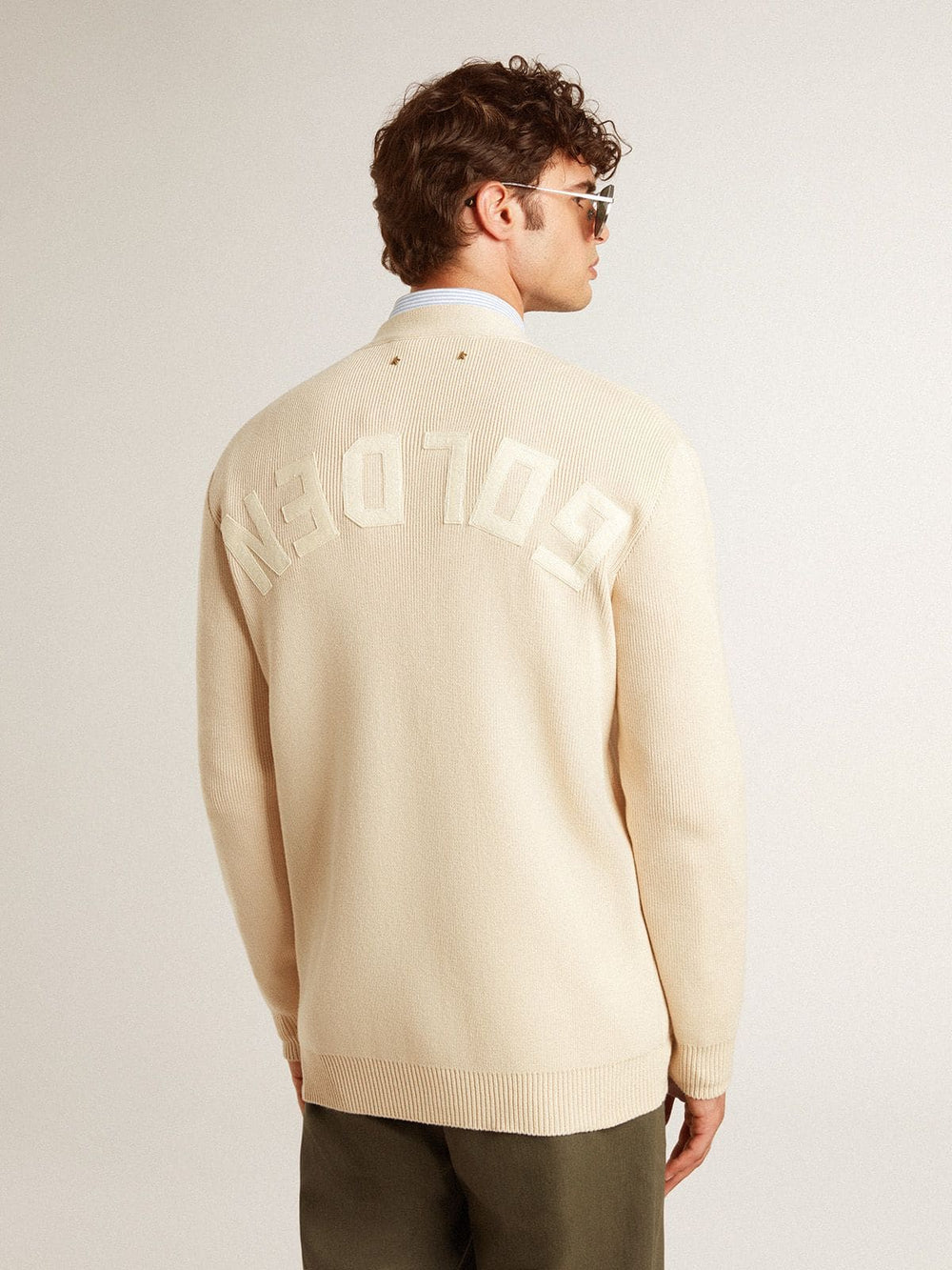 Golden Goose Men’s beige cardigan with 'Golden' lettering on the back