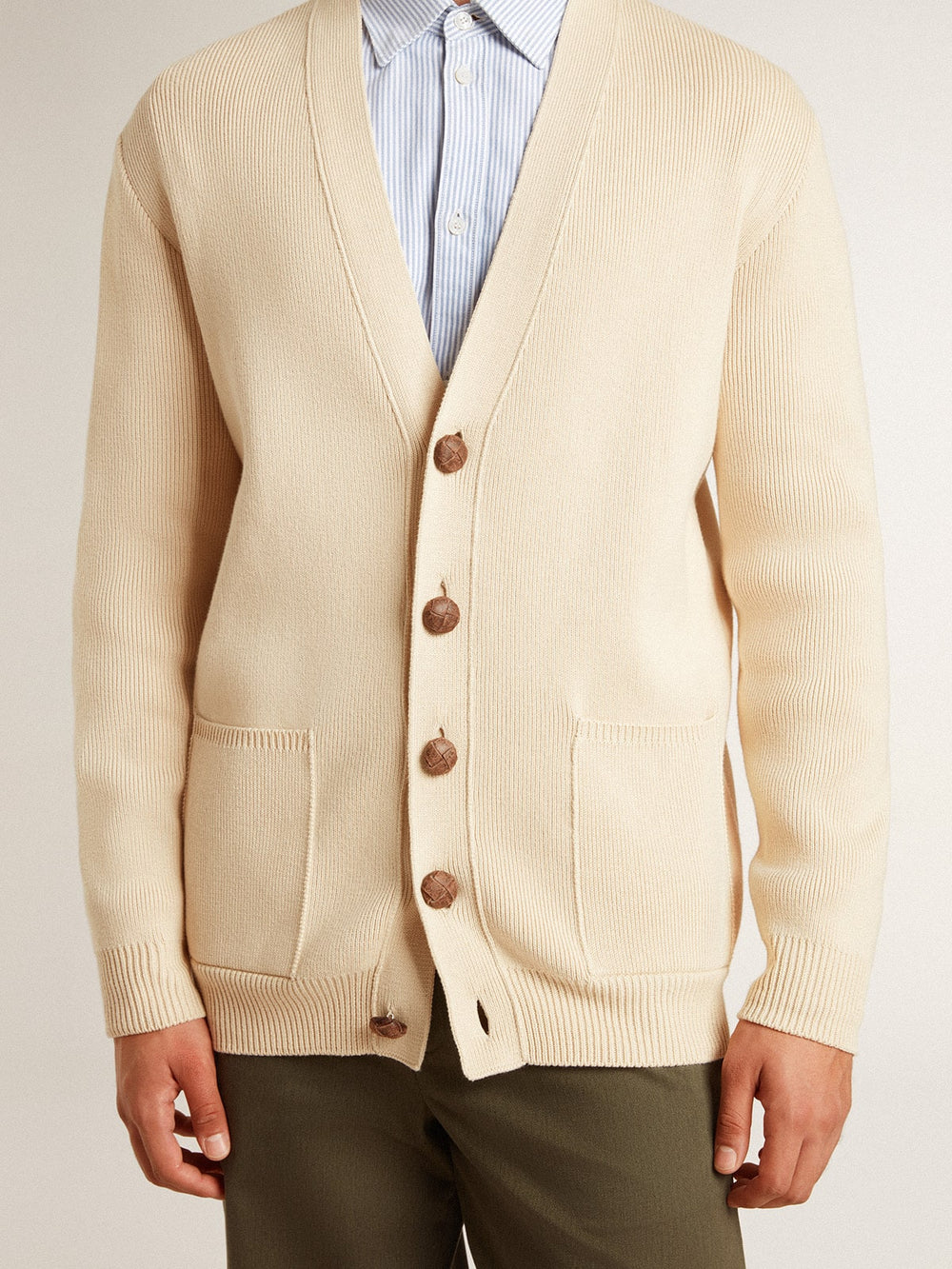 Golden Goose Men’s beige cardigan with 'Golden' lettering on the back