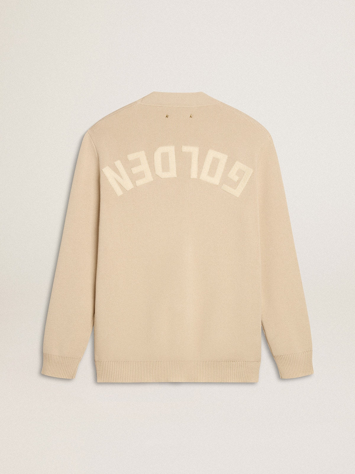 Golden Goose Men’s beige cardigan with 'Golden' lettering on the back