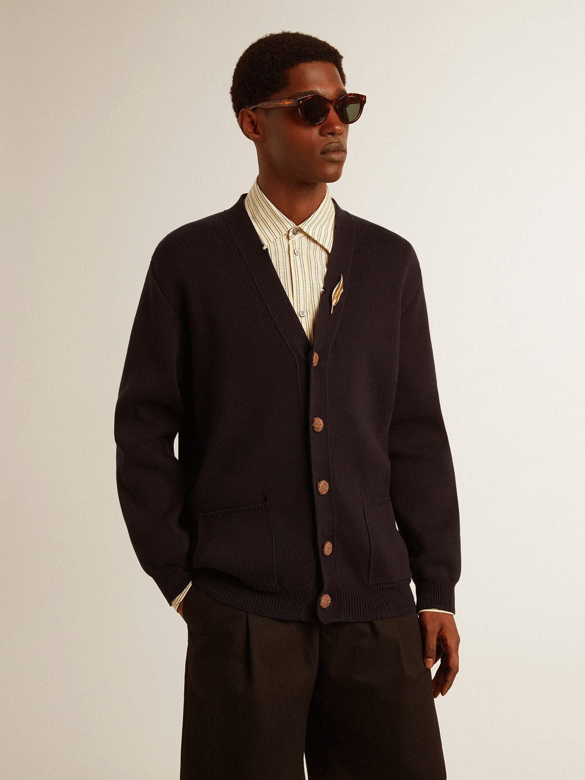 Golden Goose Golden Collection cardigan in dark blue cotton with a distressed finish