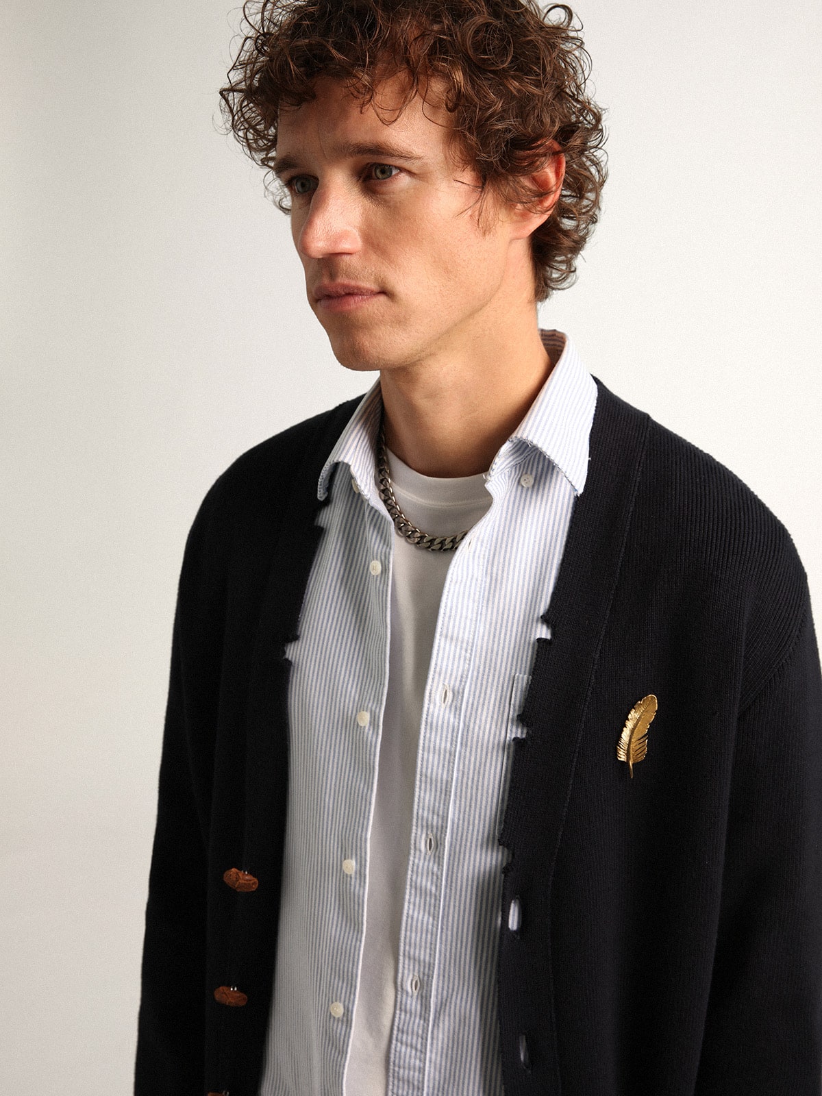 Golden Goose Golden Collection cardigan in dark blue cotton with a distressed finish