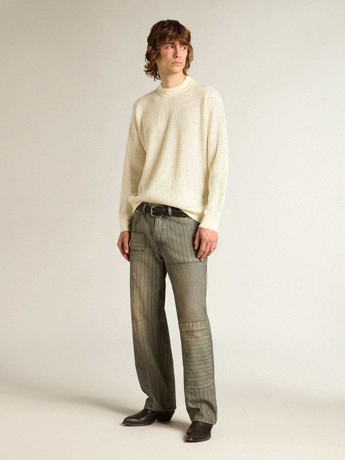 Golden Goose Men's crew-neck sweater in white merino wool with all-over crystals