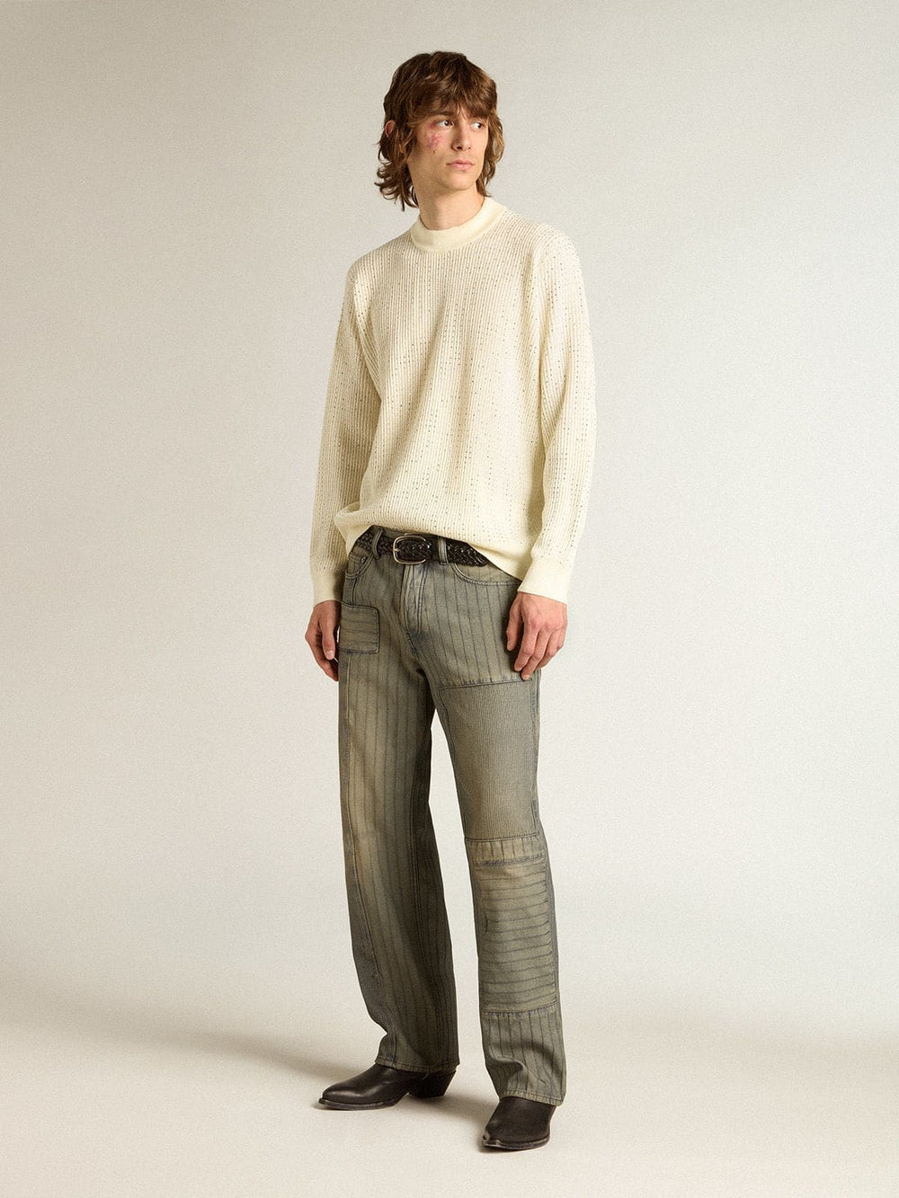 Golden Goose Men's crew-neck sweater in white merino wool with all-over crystals