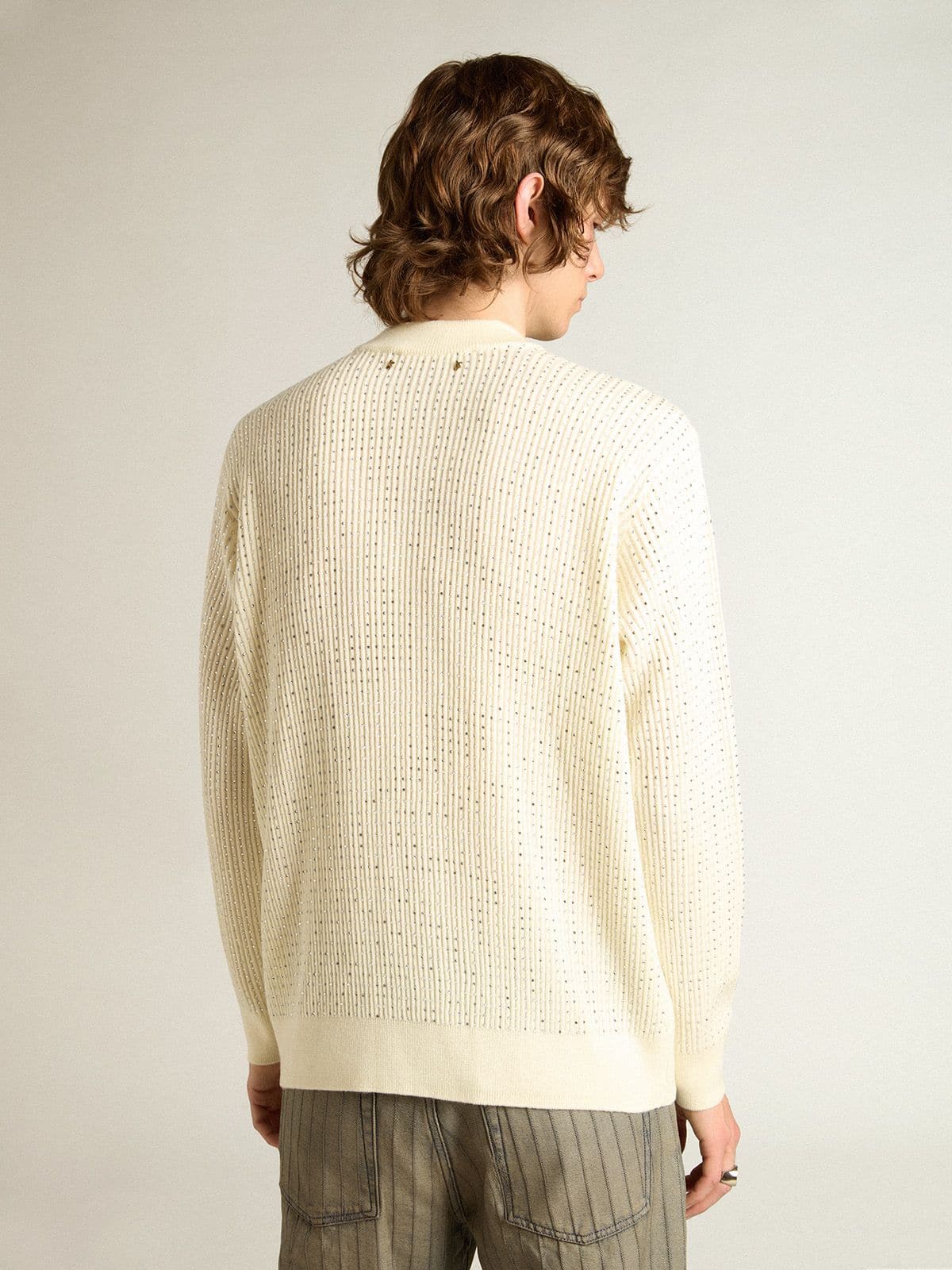 Golden Goose Men's crew-neck sweater in white merino wool with all-over crystals