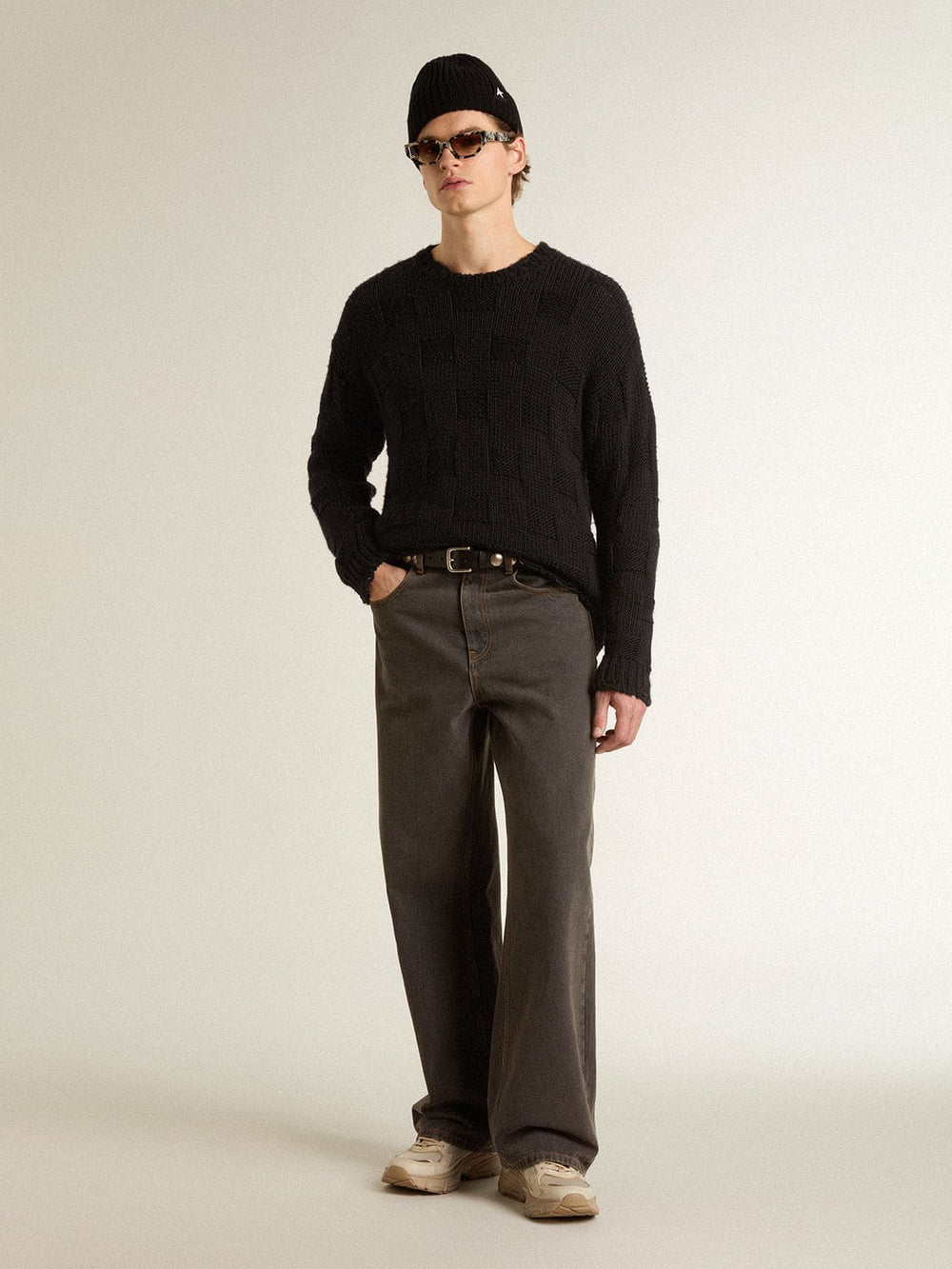 Golden Goose Men's black wool sweater with a distressed effect