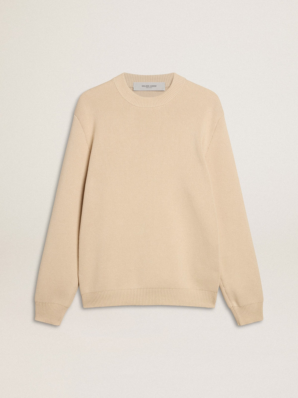 Golden Goose Men’s beige crew neck sweater with ‘Golden’ lettering on the back