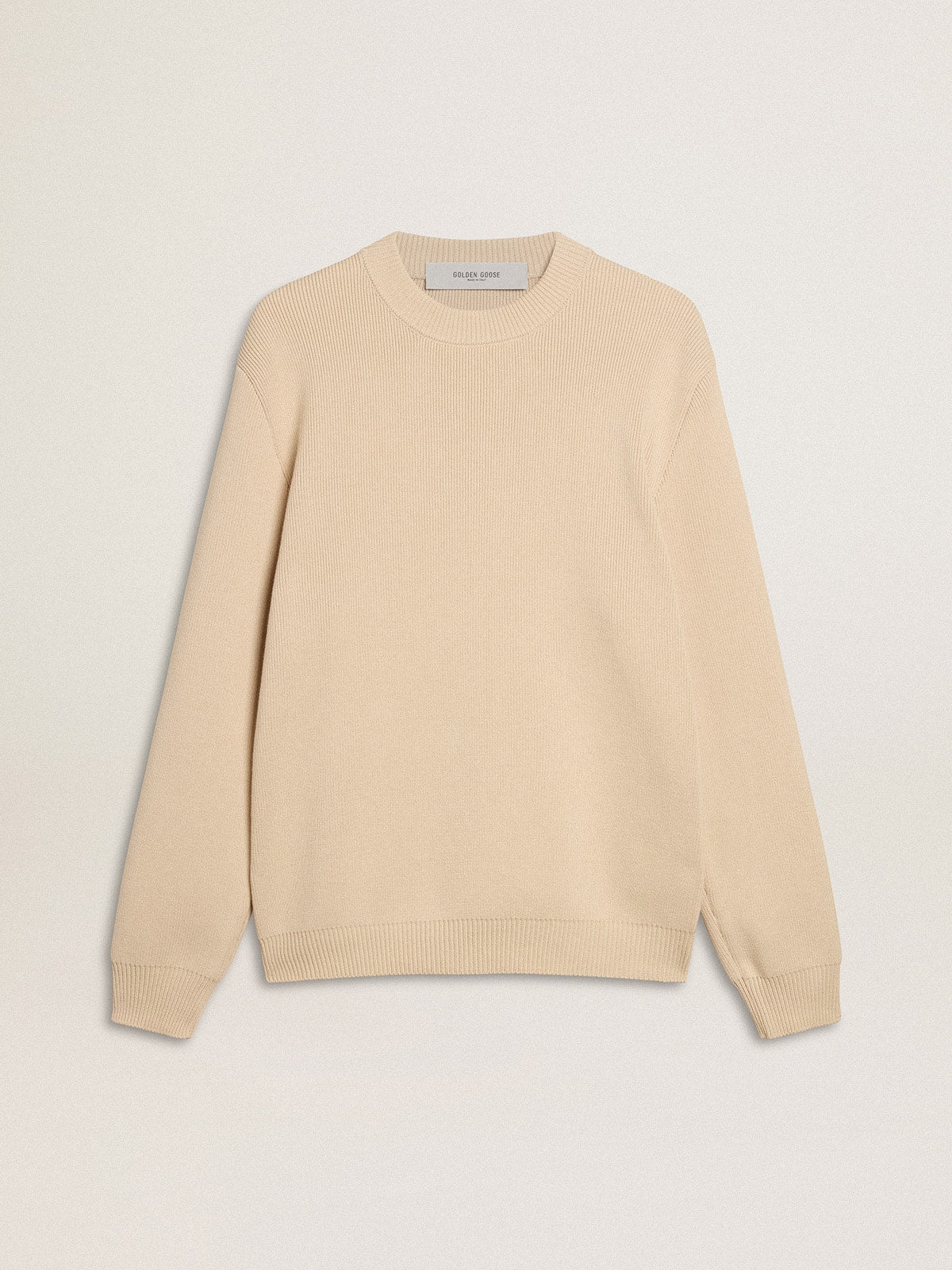 Golden Goose Men’s beige crew neck sweater with ‘Golden’ lettering on the back