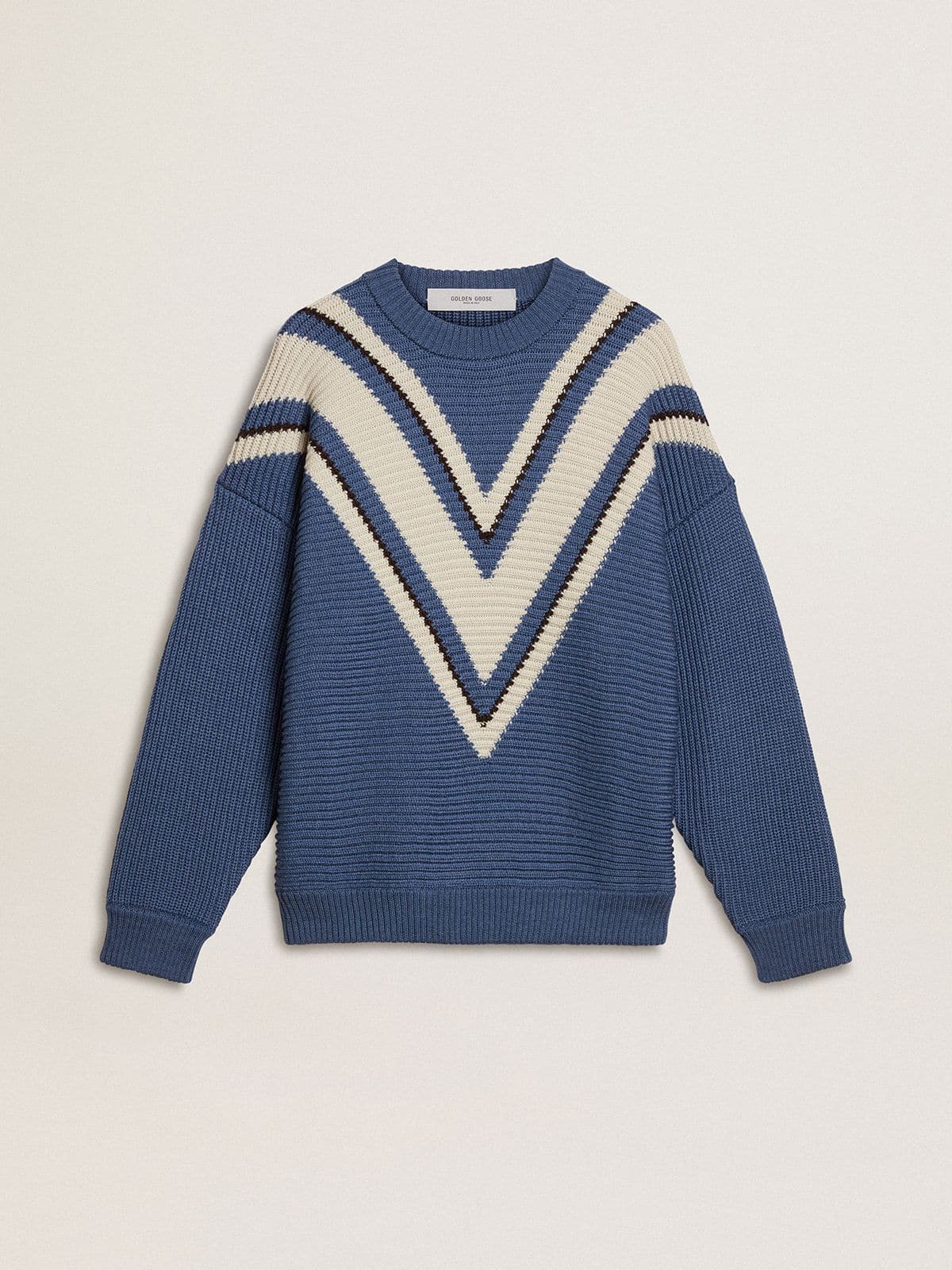 Golden Goose Men's light blue jacquard wool sweater with cream-colored pattern