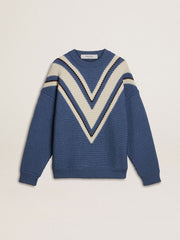 Golden Goose Men's light blue jacquard wool sweater with cream-colored pattern