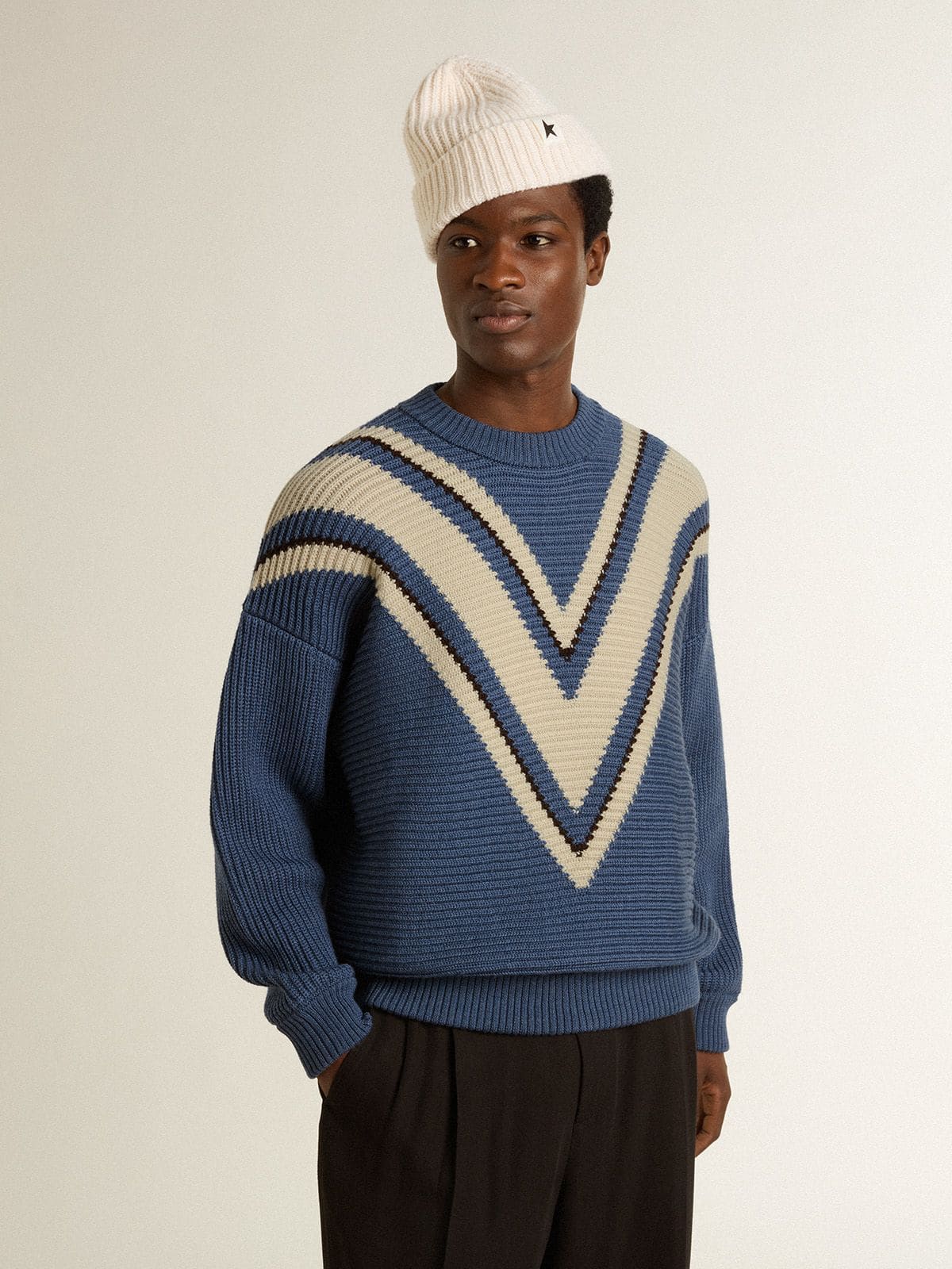 Golden Goose Men's light blue jacquard wool sweater with cream-colored pattern
