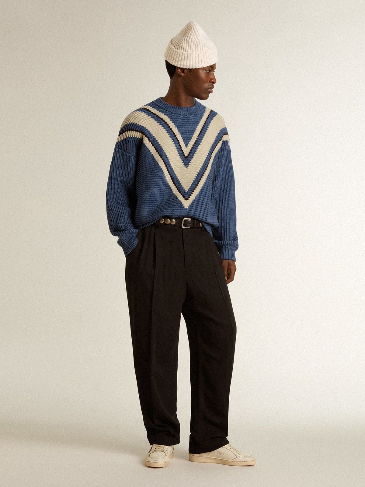 Golden Goose Men's light blue jacquard wool sweater with cream-colored pattern