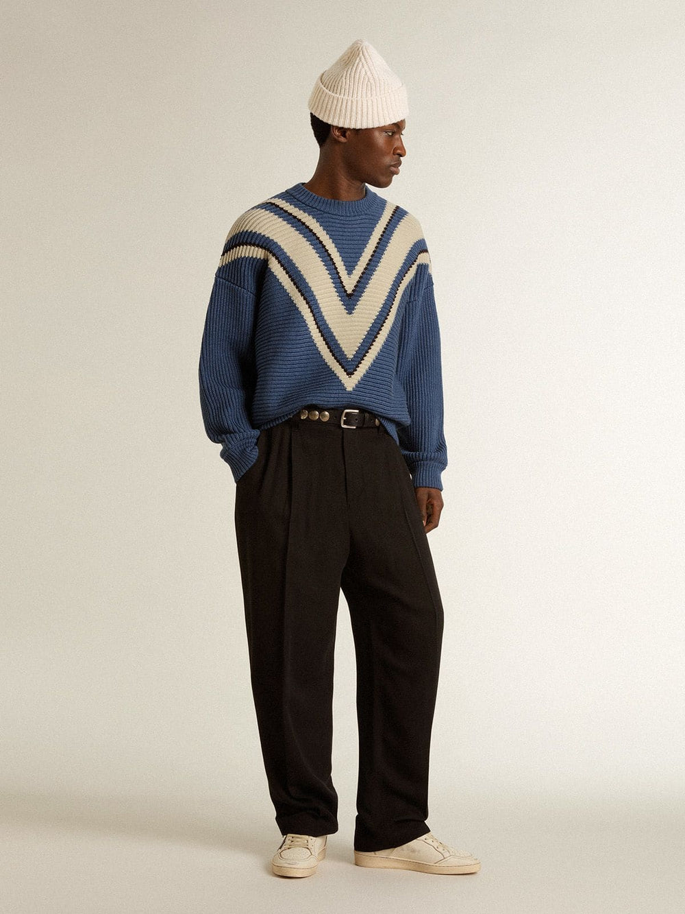 Golden Goose Men's light blue jacquard wool sweater with cream-colored pattern