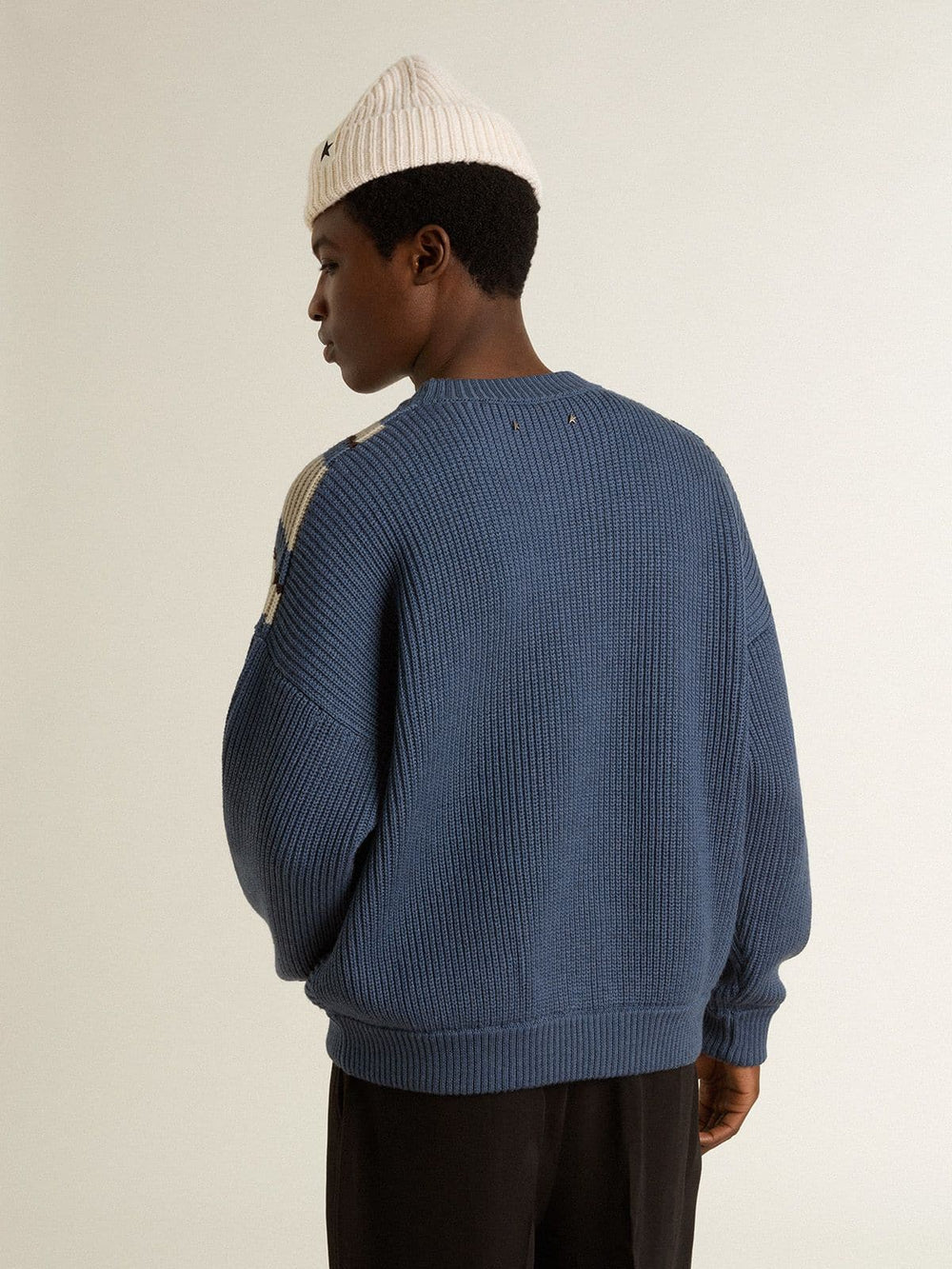 Golden Goose Men's light blue jacquard wool sweater with cream-colored pattern