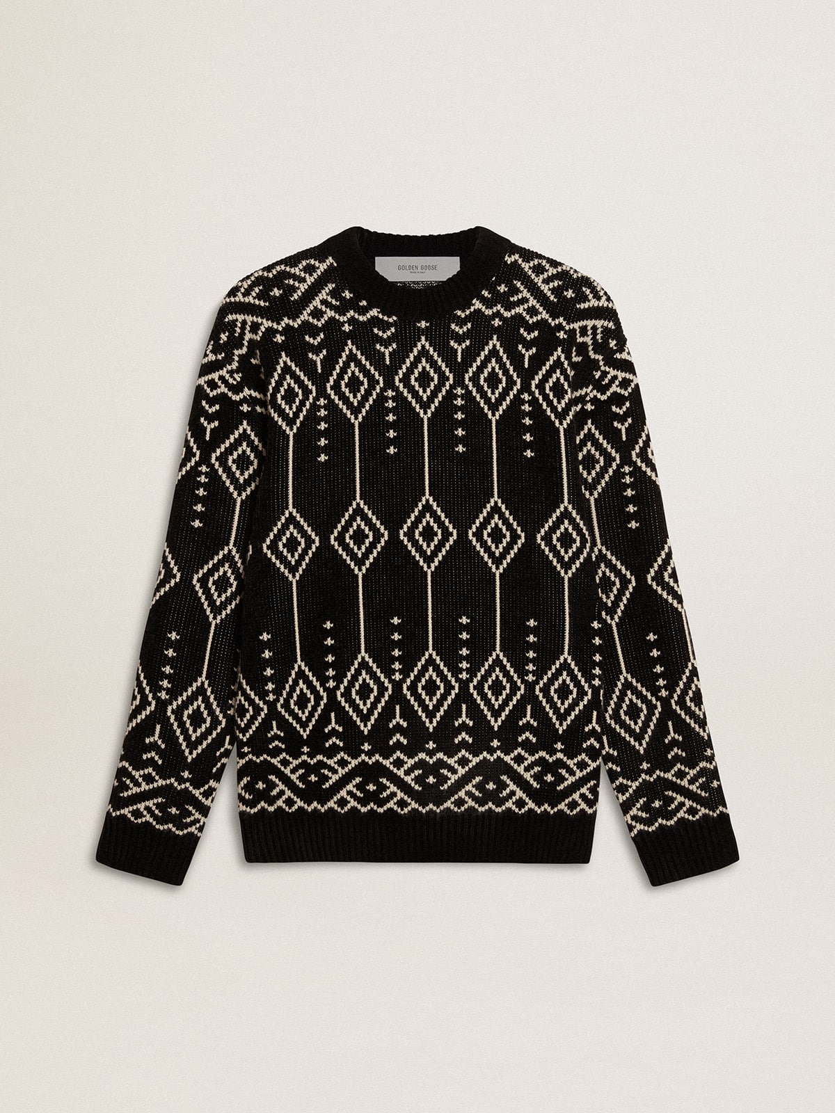 Golden Goose Men’s crew neck wool blend sweater with jacquard argyle design