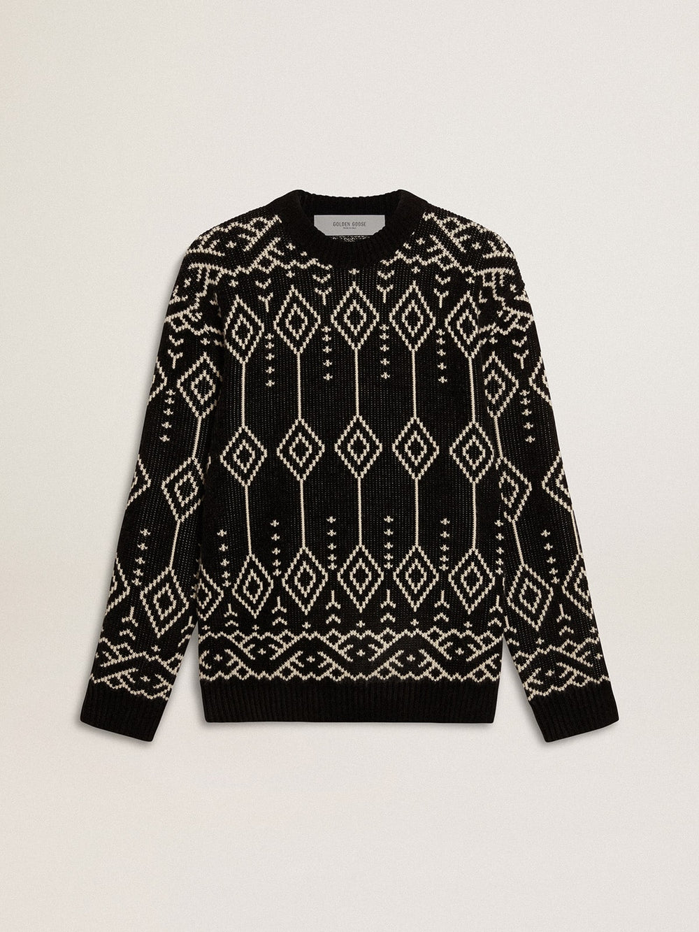 Golden Goose Men’s crew neck wool blend sweater with jacquard argyle design