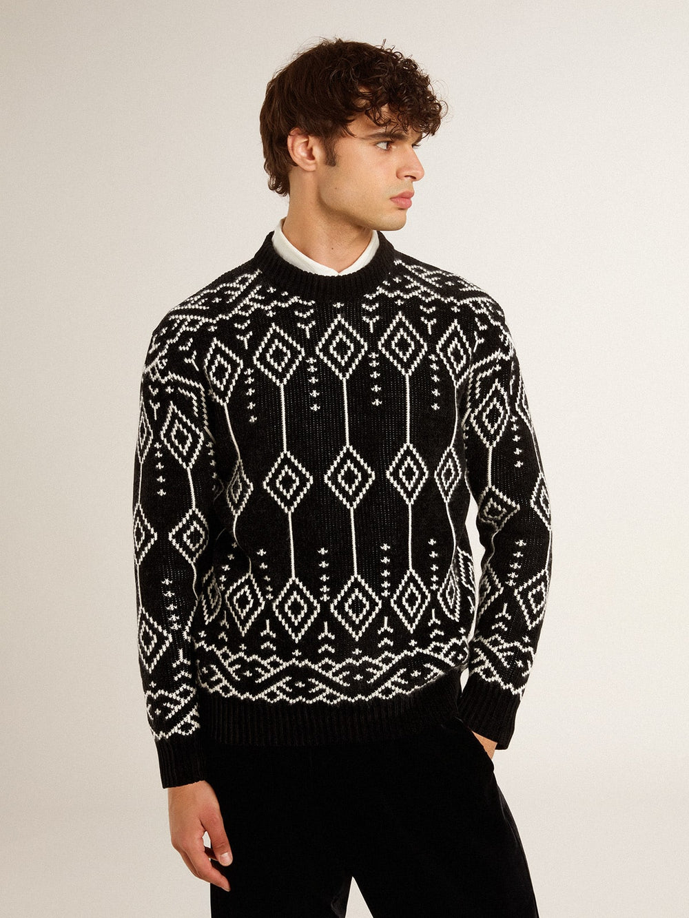 Golden Goose Men’s crew neck wool blend sweater with jacquard argyle design