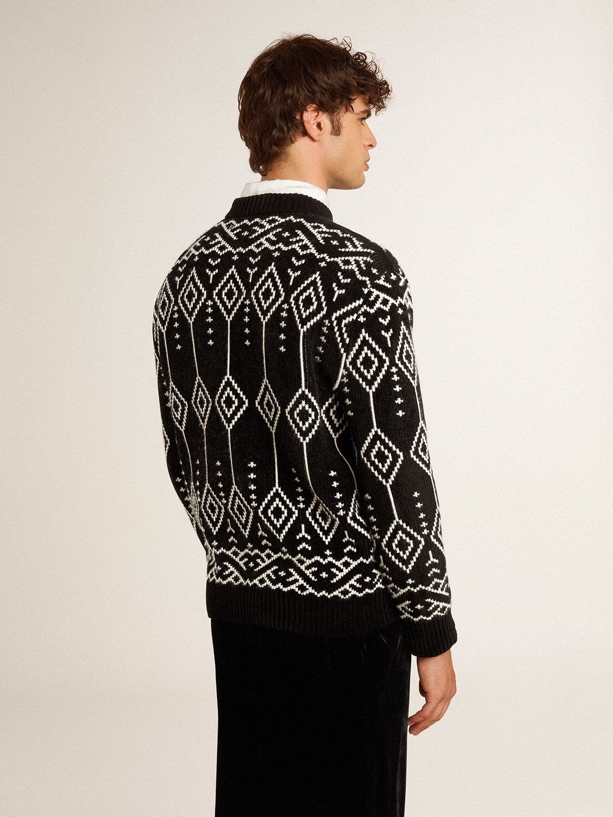 Golden Goose Men’s crew neck wool blend sweater with jacquard argyle design