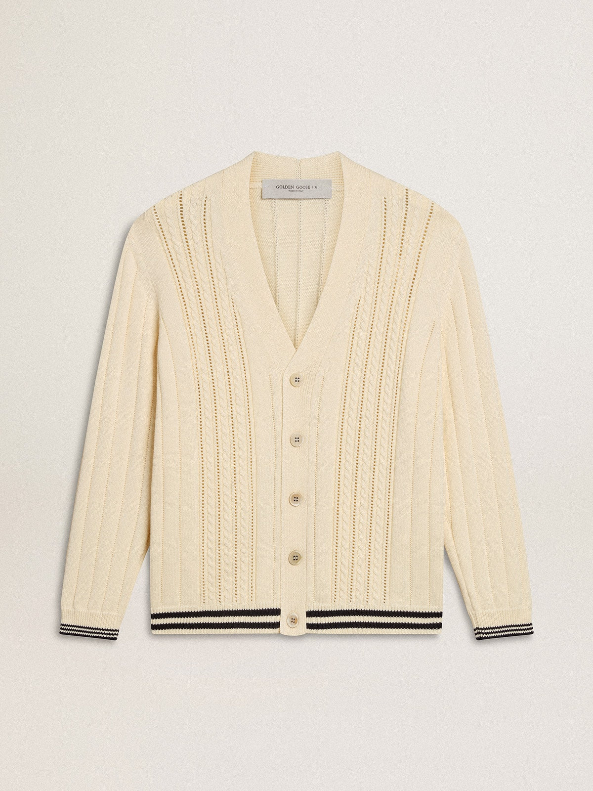 Golden Goose Men's white cotton cardigan with a cable pattern and blue ribbing