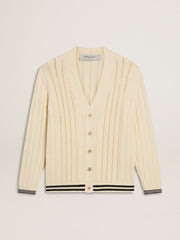 Golden Goose Men's white cotton cardigan with a cable pattern and blue ribbing