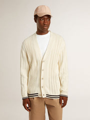 Golden Goose Men's white cotton cardigan with a cable pattern and blue ribbing