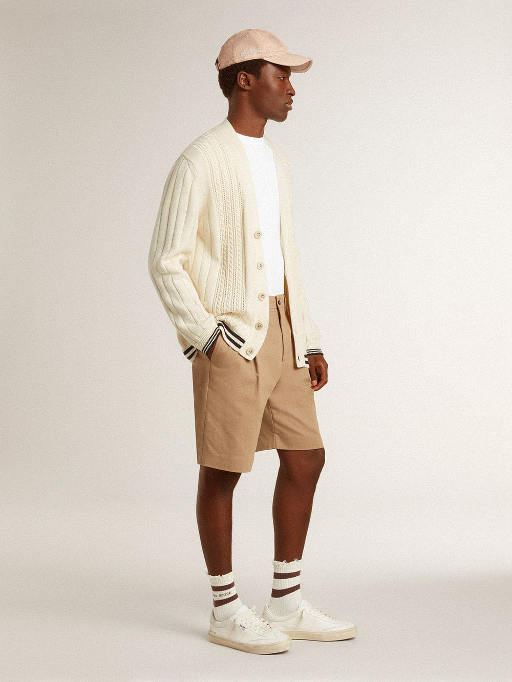 Golden Goose Men's white cotton cardigan with a cable pattern and blue ribbing