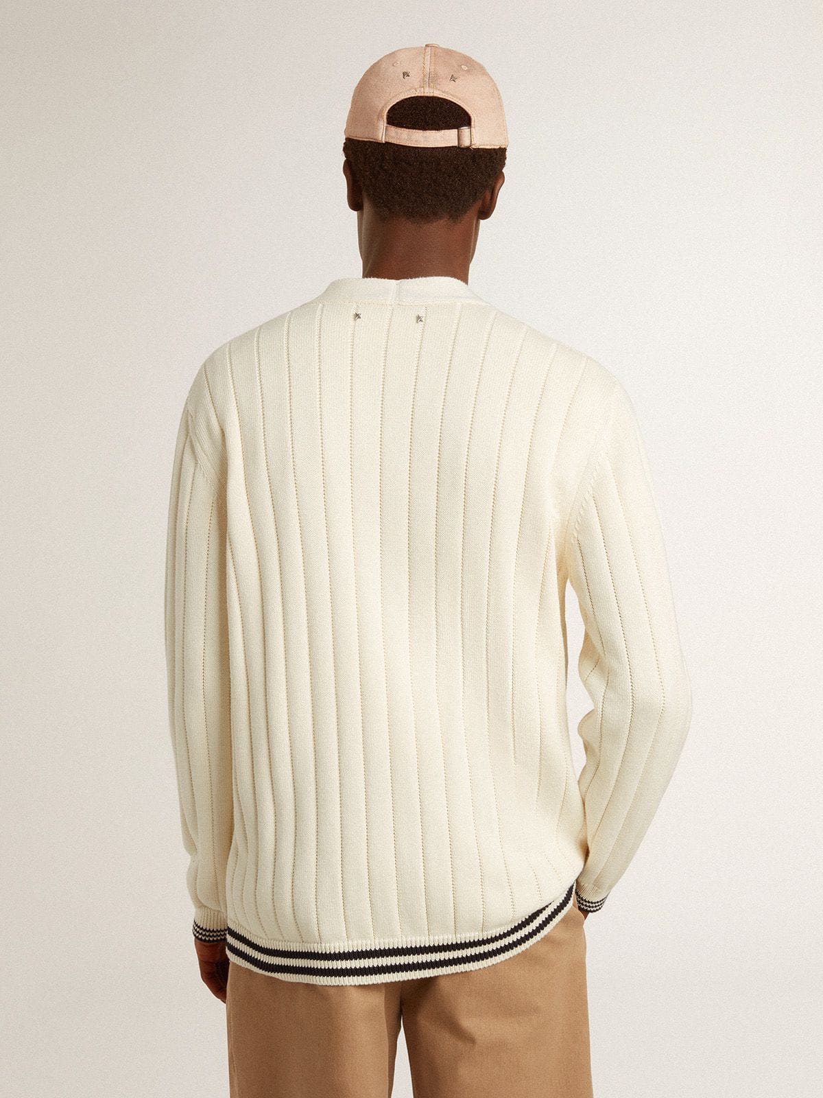 Golden Goose Men's white cotton cardigan with a cable pattern and blue ribbing