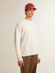 Golden Goose Men's crew-neck sweater in worn white ribbed wool