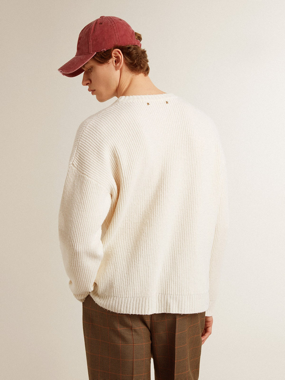 Golden Goose Men's crew-neck sweater in worn white ribbed wool