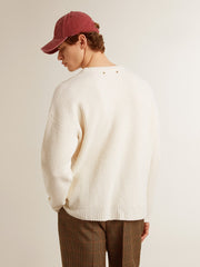 Golden Goose Men's crew-neck sweater in worn white ribbed wool
