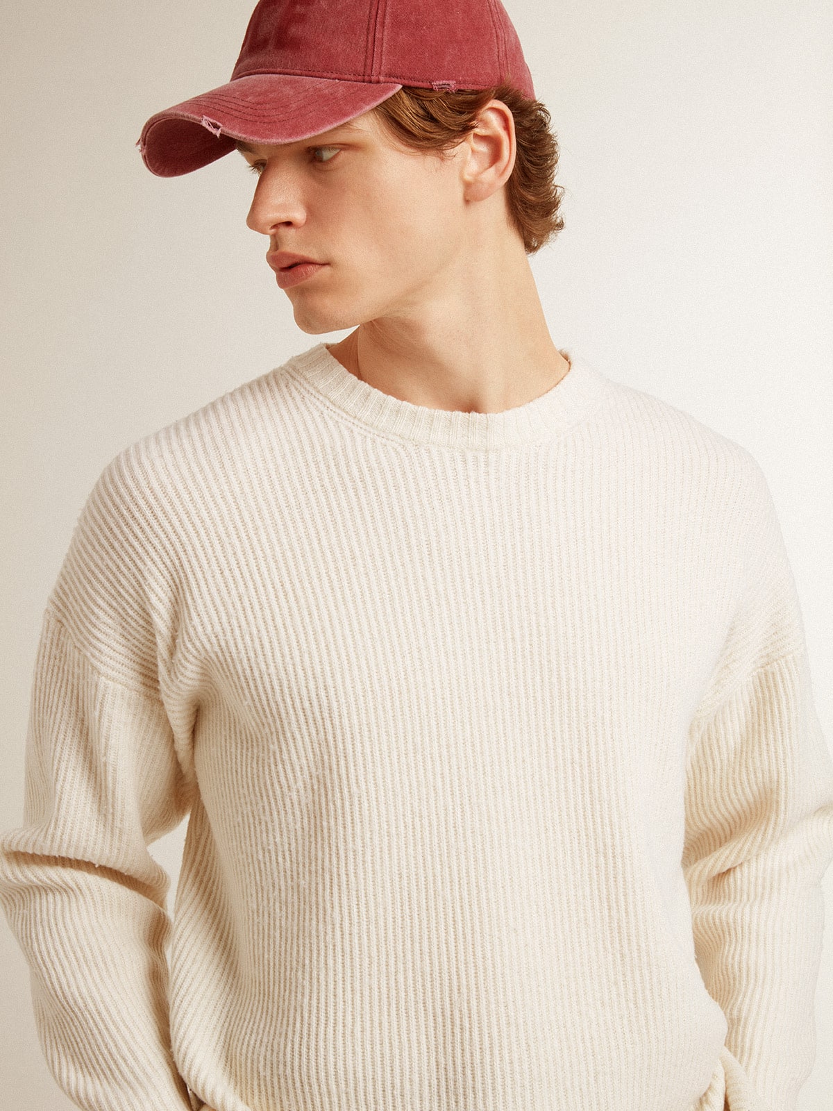 Golden Goose Men's crew-neck sweater in worn white ribbed wool
