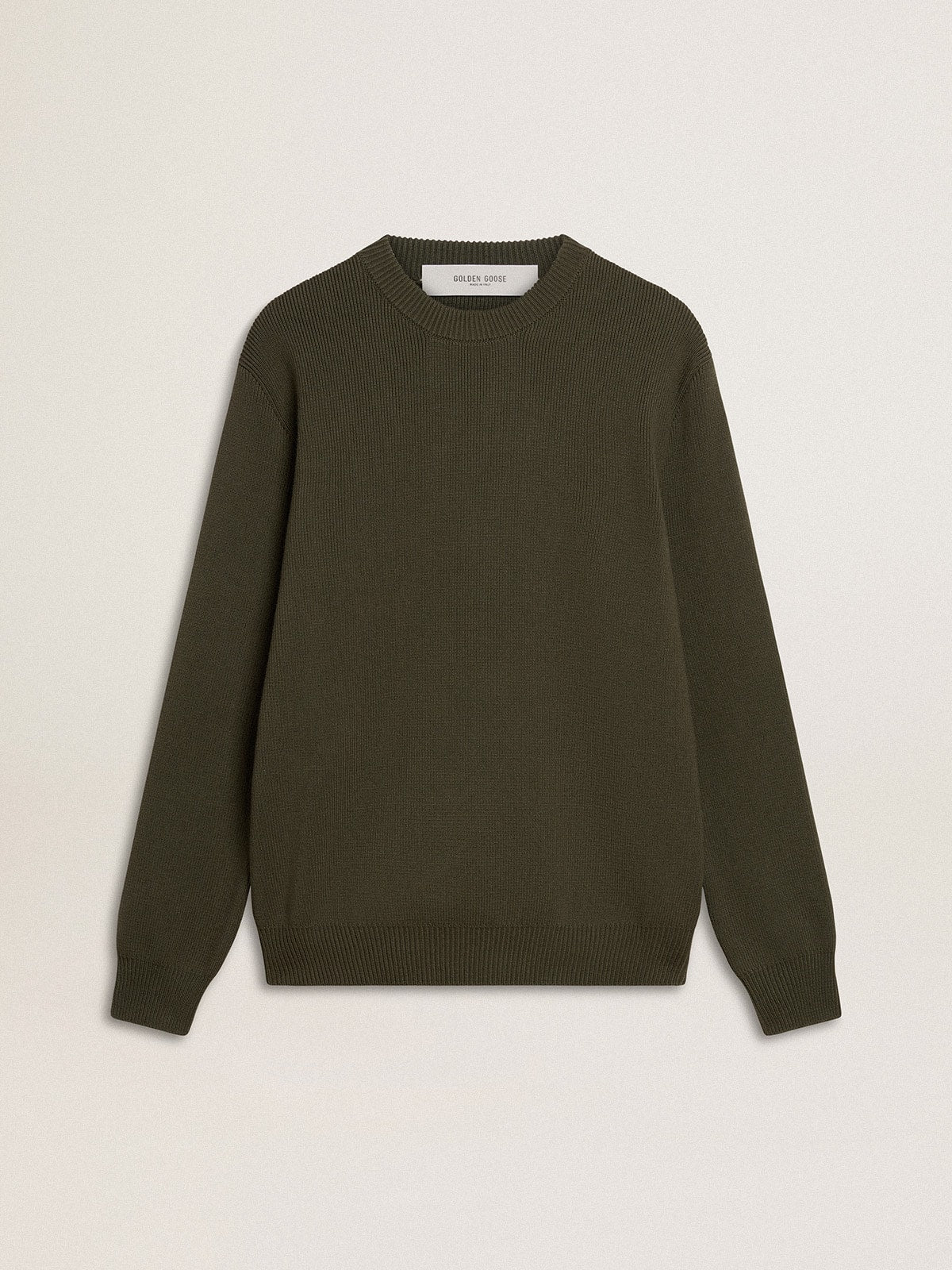 Golden Goose Men's military green crew neck sweater with 'Golden' lettering on the back
