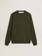 Golden Goose Men's military green crew neck sweater with 'Golden' lettering on the back
