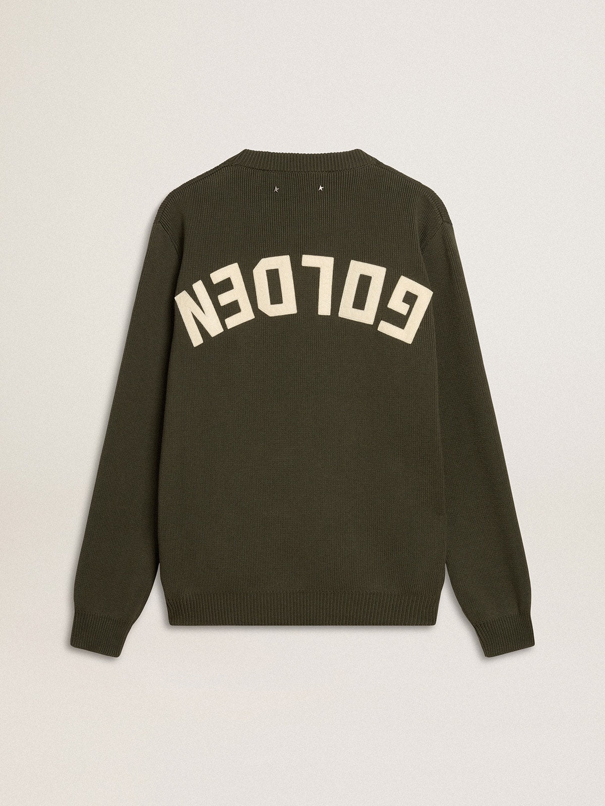 Golden Goose Men's military green crew neck sweater with 'Golden' lettering on the back