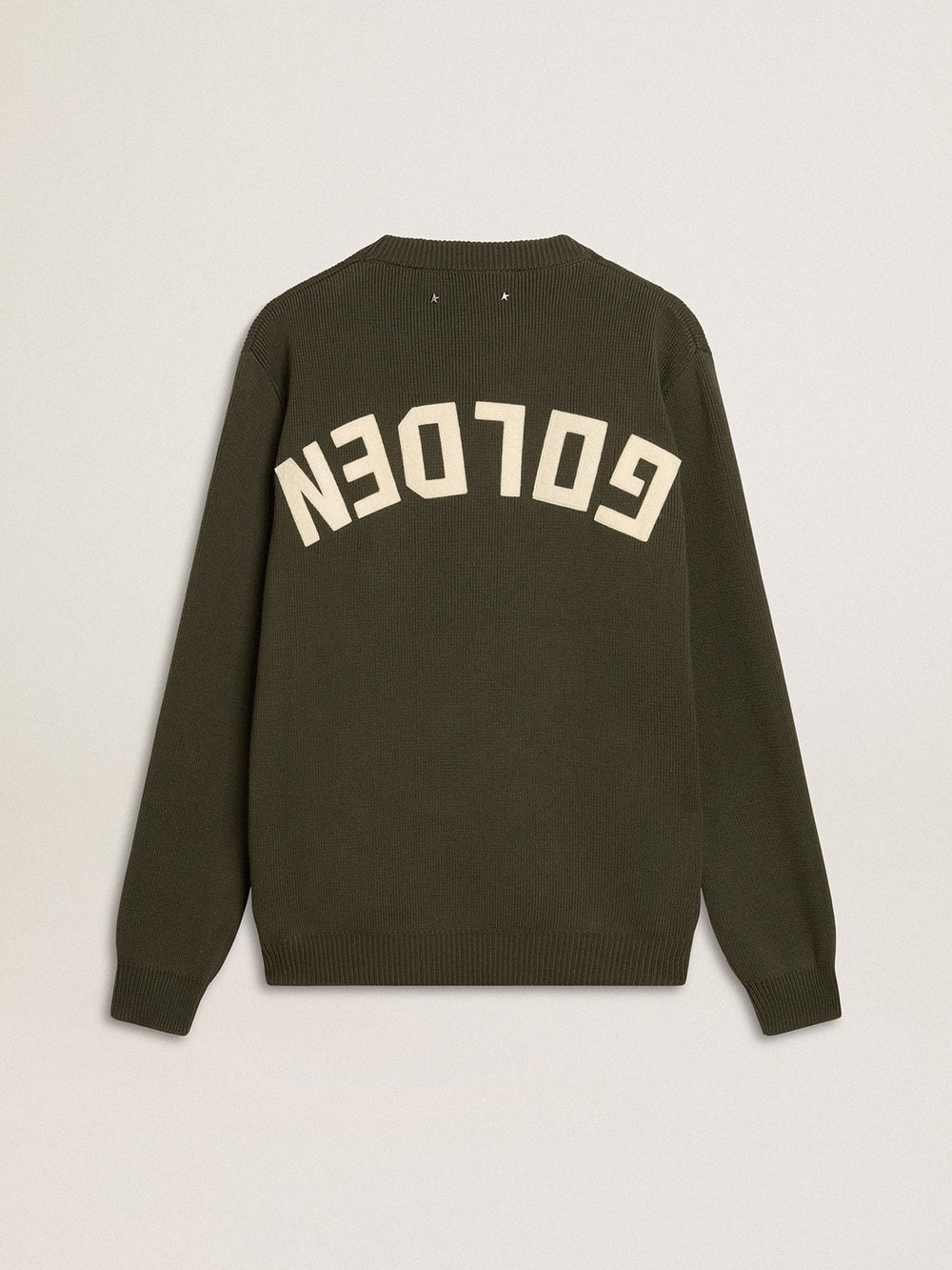 Golden Goose Men's military green crew neck sweater with 'Golden' lettering on the back
