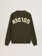 Golden Goose Men's military green crew neck sweater with 'Golden' lettering on the back