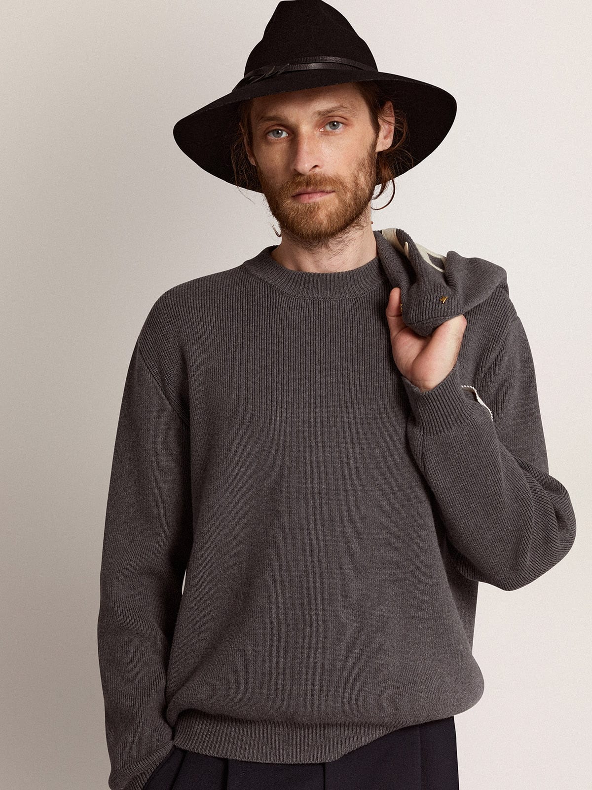 Golden Goose Men's round-neck sweater in dark gray cotton with logo on the back